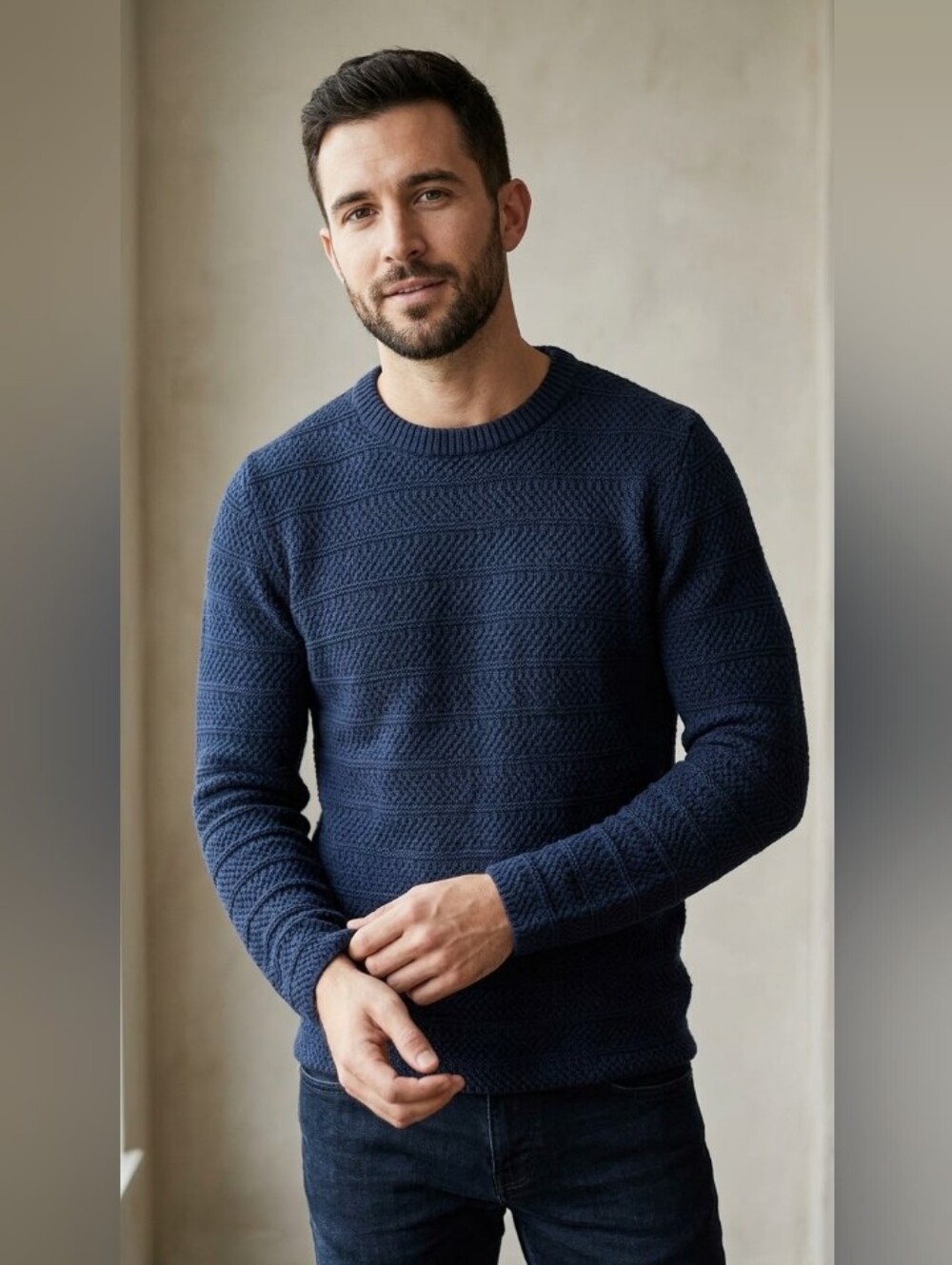 ZARA Medium Navy Textured Crewneck Sweater